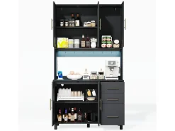 Aparador de cocina 100x40x183cm con 5 puertas de ratán y 3 cajones, LED y puerto USB incluido, cuerpo negro