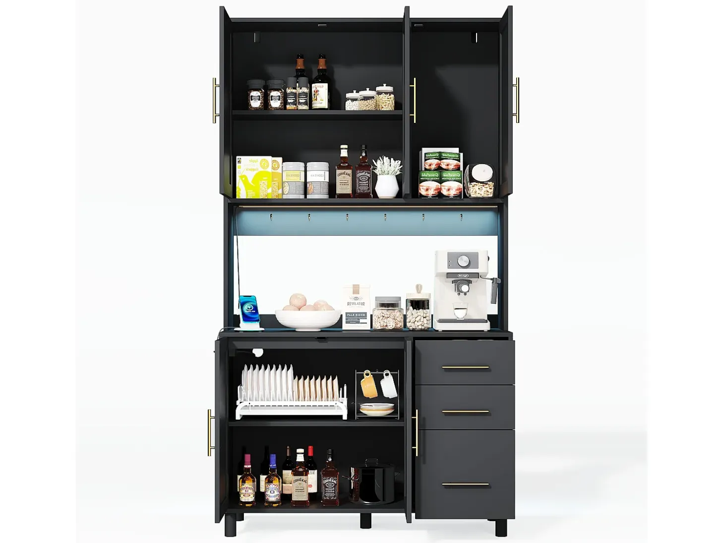 Aparador de cocina 100x40x183cm con 5 puertas de ratán y 3 cajones, LED y puerto USB incluido, cuerpo negro