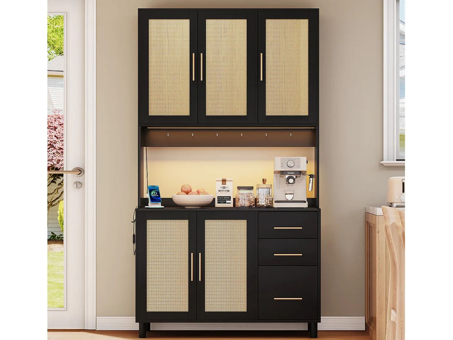 Aparador de cocina 100x40x183cm con 5 puertas de ratán y 3 cajones, LED y puerto USB incluido, cuerpo negro
