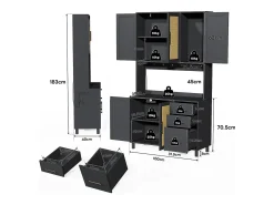 Aparador de cocina 100x40x183cm con 5 puertas de ratán y 3 cajones, LED y puerto USB incluido, cuerpo negro