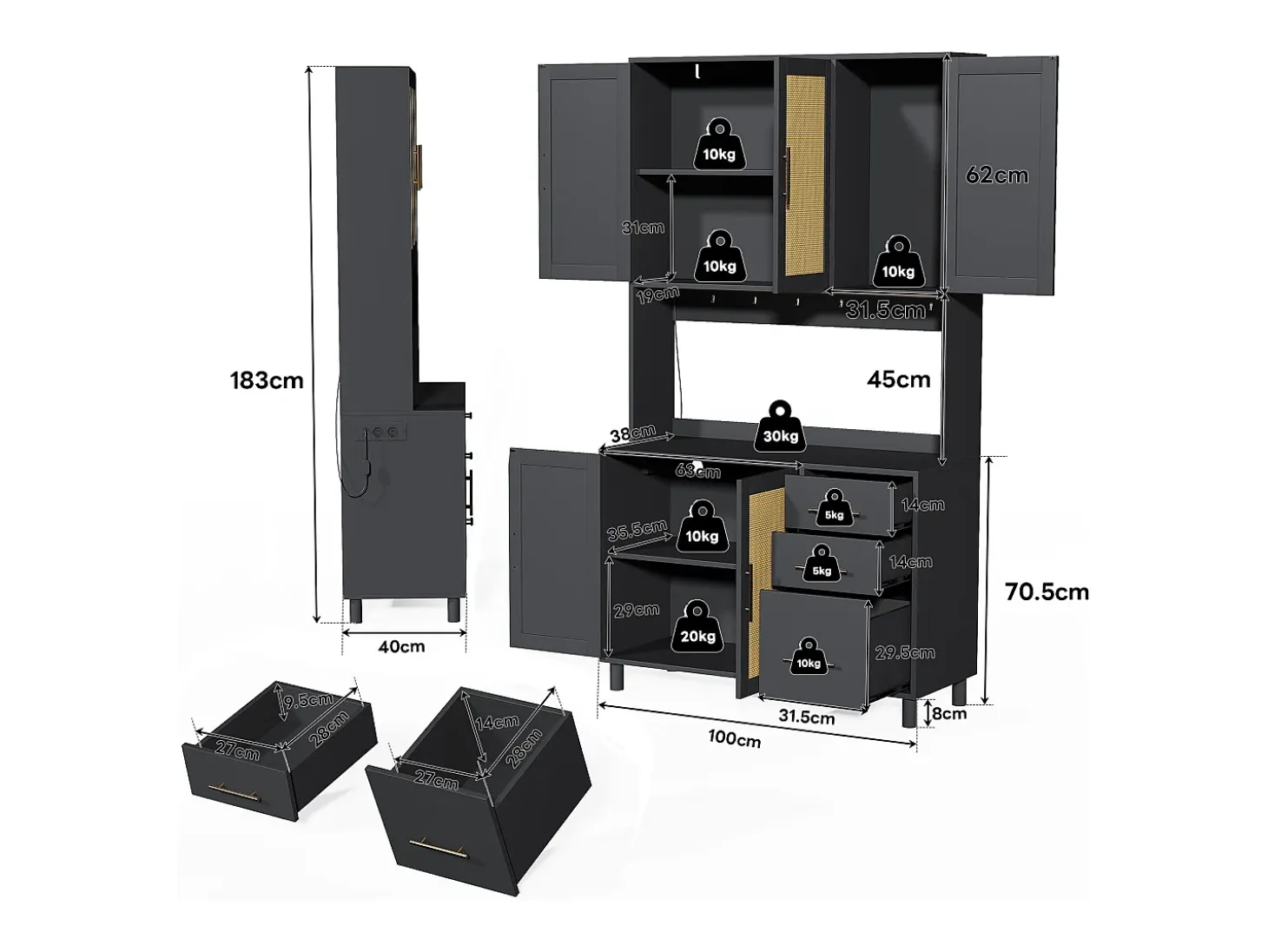 Aparador de cocina 100x40x183cm con 5 puertas de ratán y 3 cajones, LED y puerto USB incluido, cuerpo negro