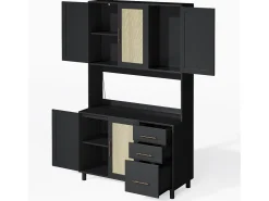 Aparador de cocina 100x40x183cm con 5 puertas de ratán y 3 cajones, LED y puerto USB incluido, cuerpo negro