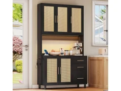 Aparador de cocina 100x40x183cm con 5 puertas de ratán y 3 cajones, LED y puerto USB incluido, cuerpo negro