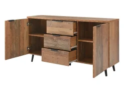 Aparador de cocina 140x35x70cm con 3 cajones y 2 puertas, cuerpo en chapa de madera natural clara