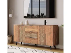 Aparador de cocina 140x35x70cm con 3 cajones y 2 puertas, cuerpo en chapa de madera natural clara