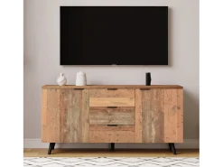 Aparador de cocina 140x35x70cm con 3 cajones y 2 puertas, cuerpo en chapa de madera natural clara
