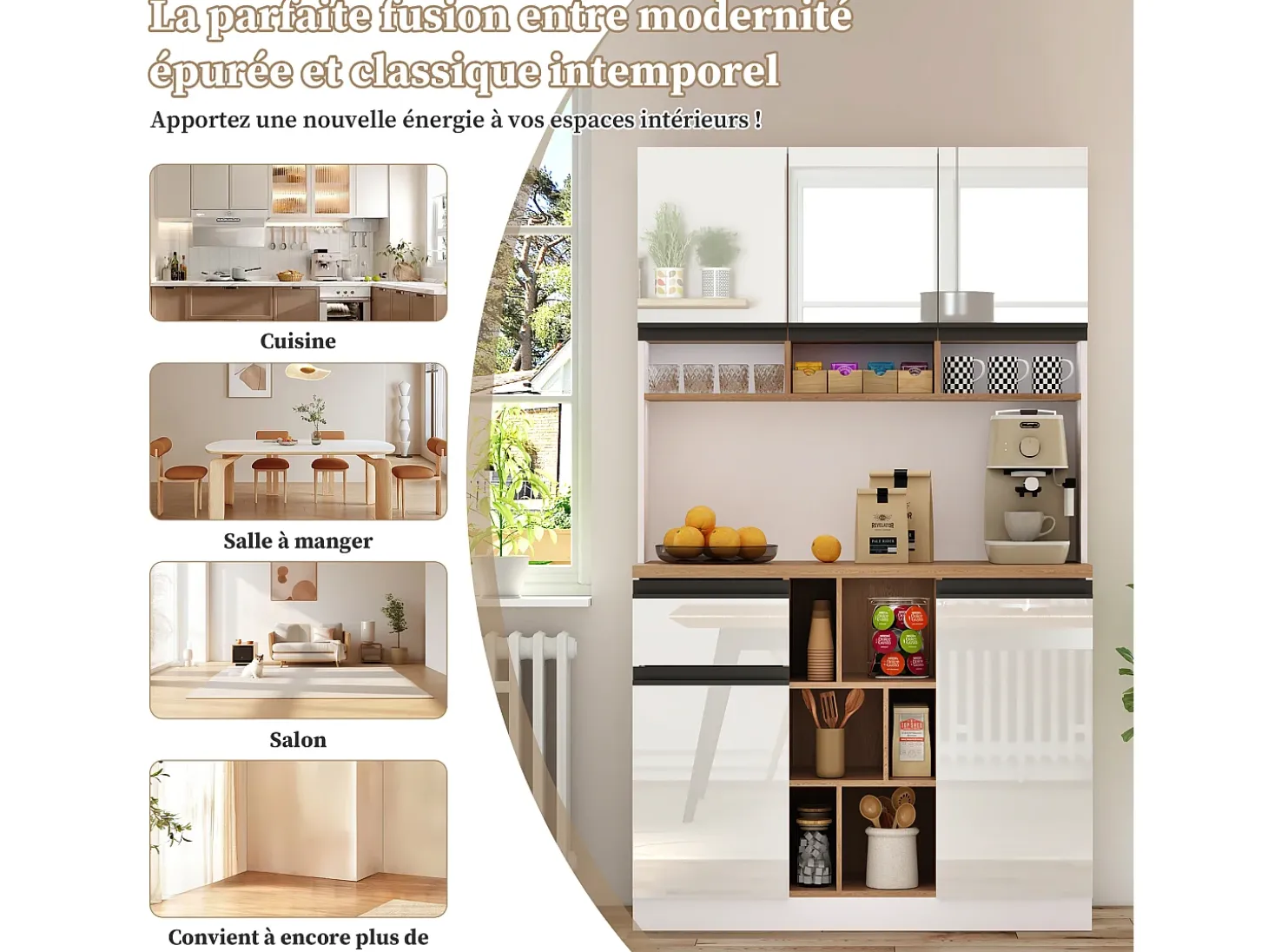 Aparador de cocina 105x48x185cm con 5 puertas, 1 cajón y nichos, cuerpo lacado en blanco y negro