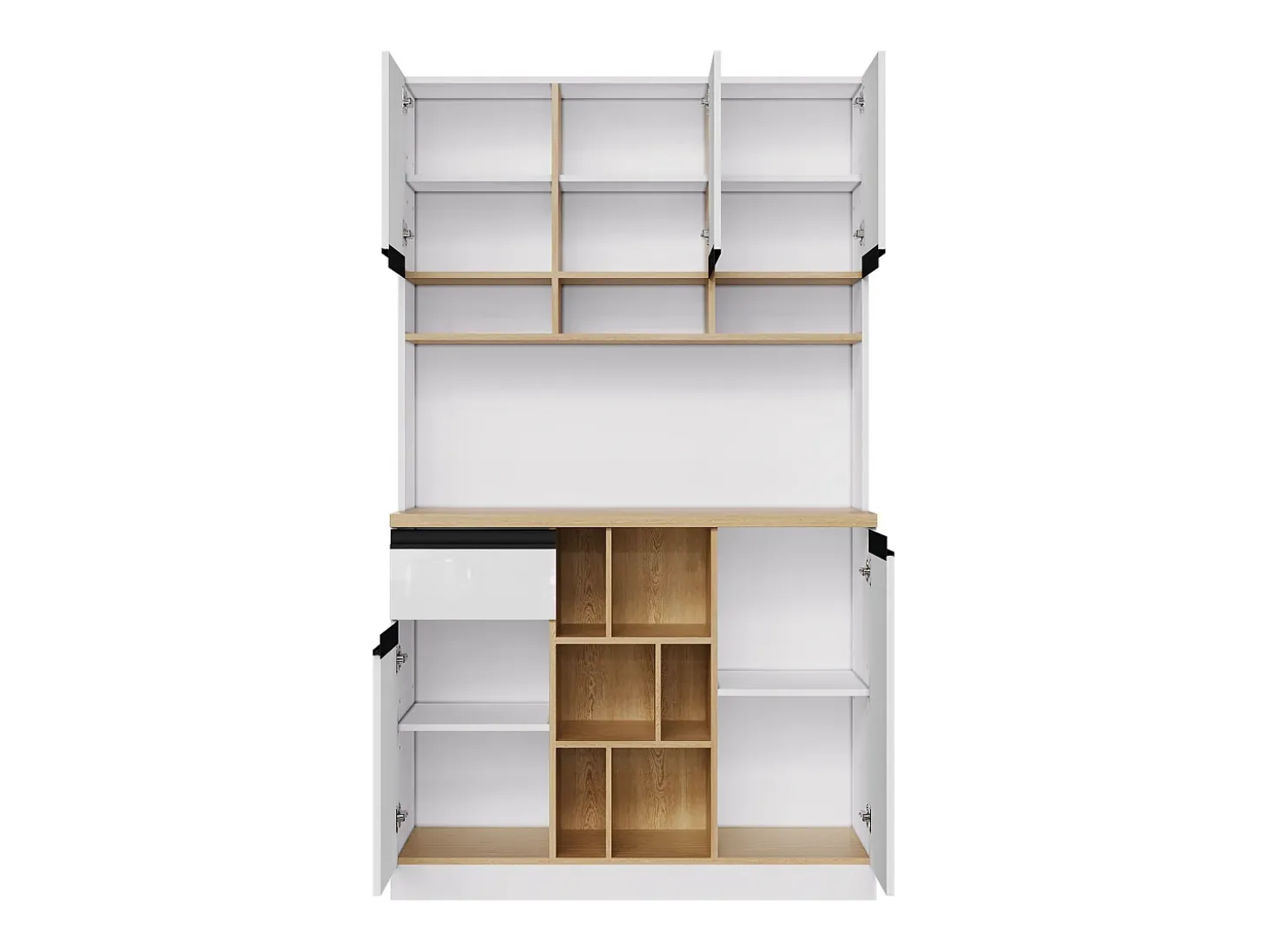 Aparador de cocina 105x48x185cm con 5 puertas, 1 cajón y nichos, cuerpo lacado en blanco y negro
