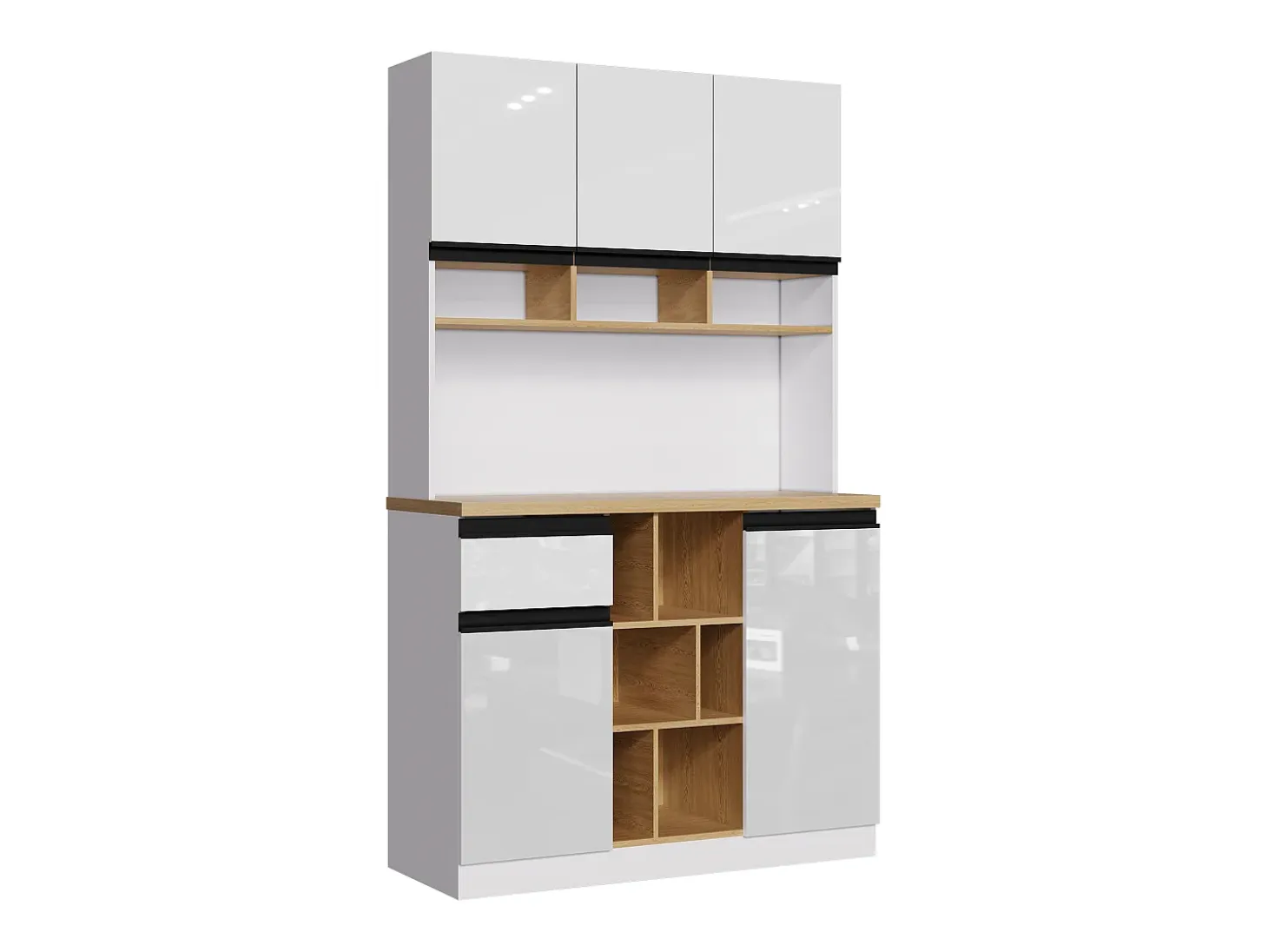 Aparador de cocina 105x48x185cm con 5 puertas, 1 cajón y nichos, cuerpo lacado en blanco y negro