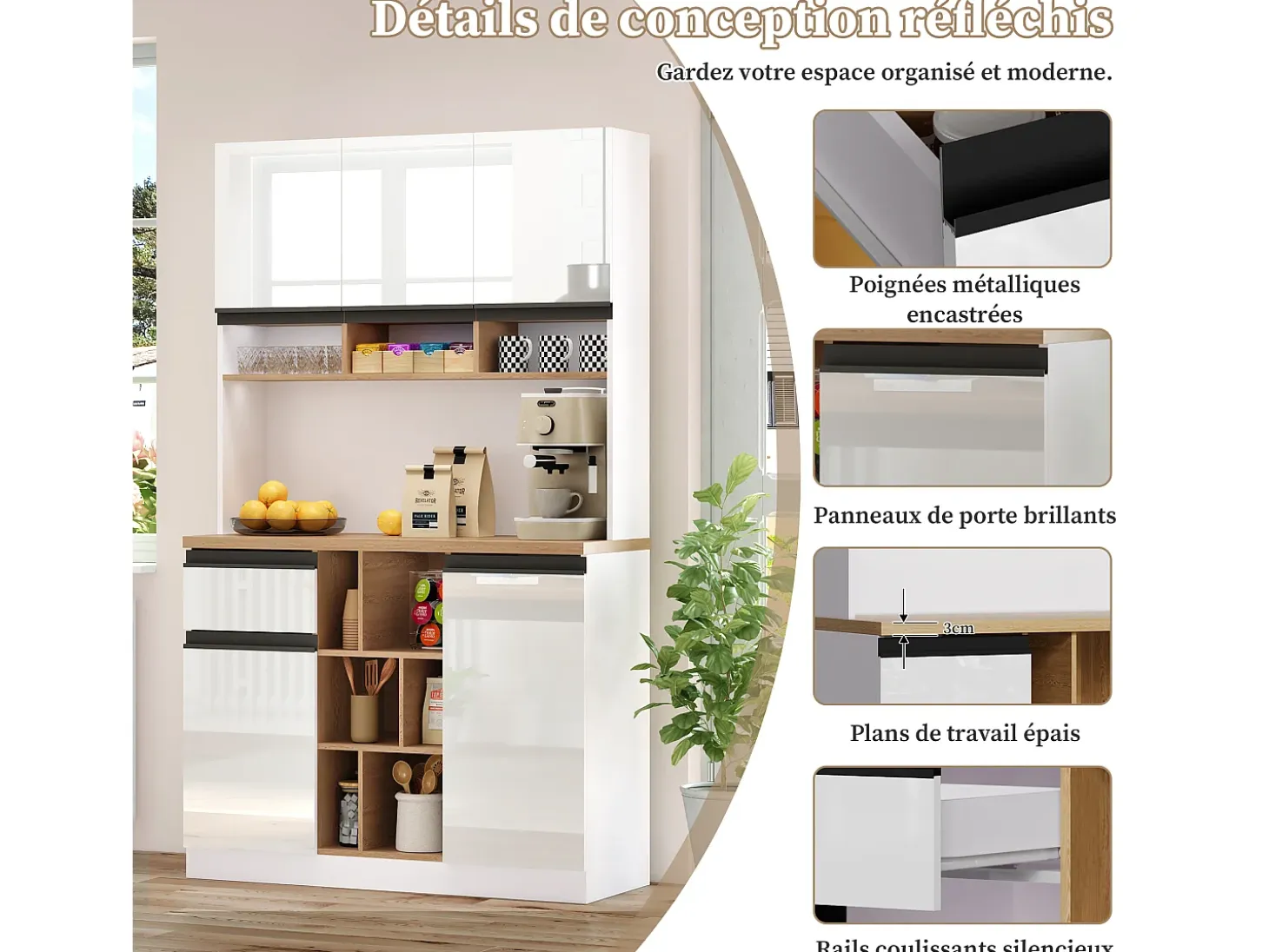 Aparador de cocina 105x48x185cm con 5 puertas, 1 cajón y nichos, cuerpo lacado en blanco y negro