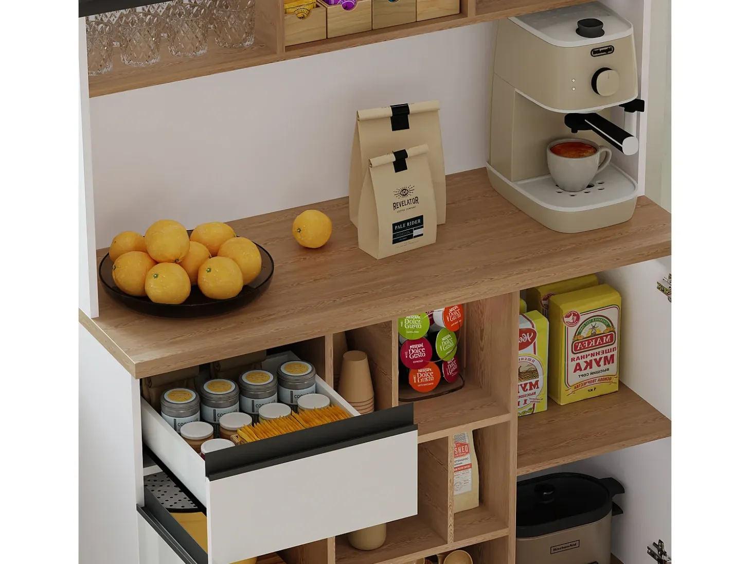 Aparador de cocina 105x48x185cm con 5 puertas, 1 cajón y nichos, cuerpo lacado en blanco y negro