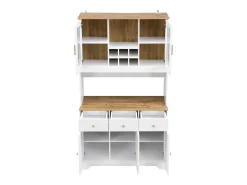 Aparador de cocina 94,5x40x175,5cm con 5 puertas, 3 cajones y nichos, tapa chapada imitación madera, cuerpo blanco