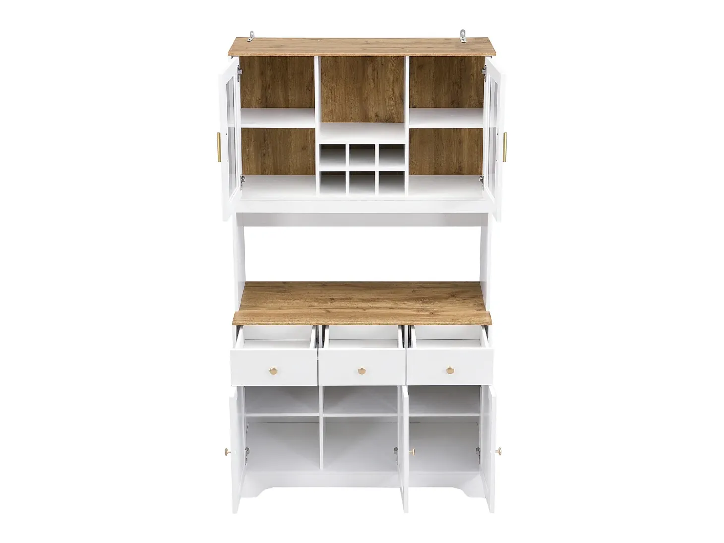 Aparador de cocina 94,5x40x175,5cm con 5 puertas, 3 cajones y nichos, tapa chapada imitación madera, cuerpo blanco