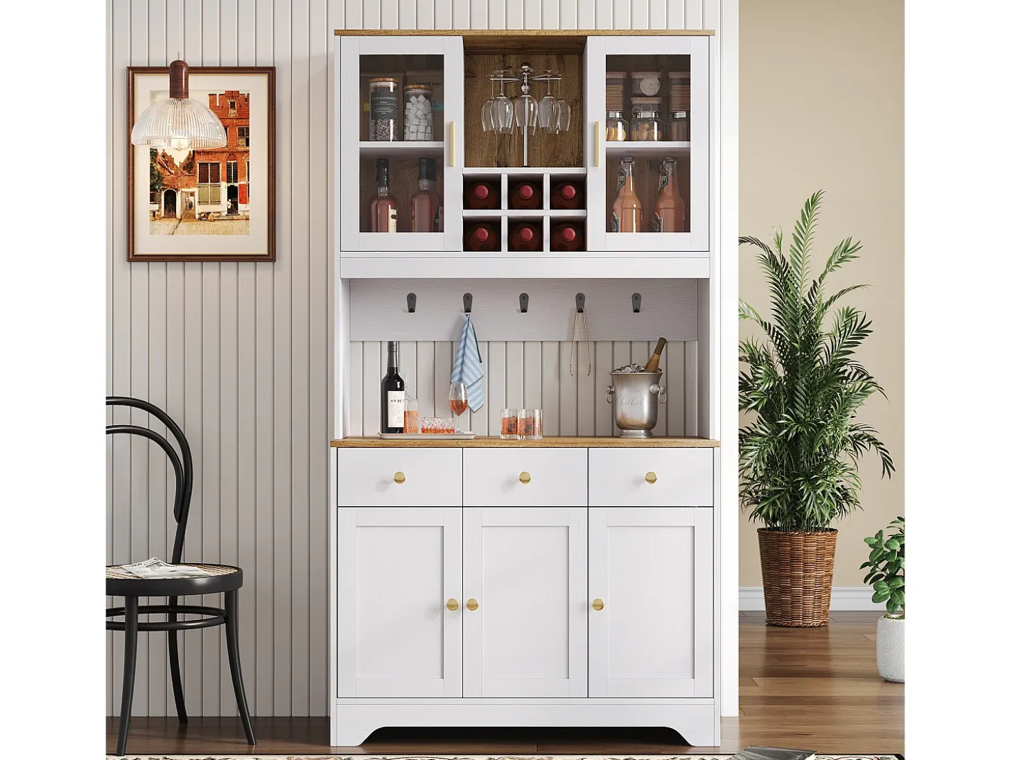 Aparador de cocina 94,5x40x175,5cm con 5 puertas, 3 cajones y nichos, tapa chapada imitación madera, cuerpo blanco