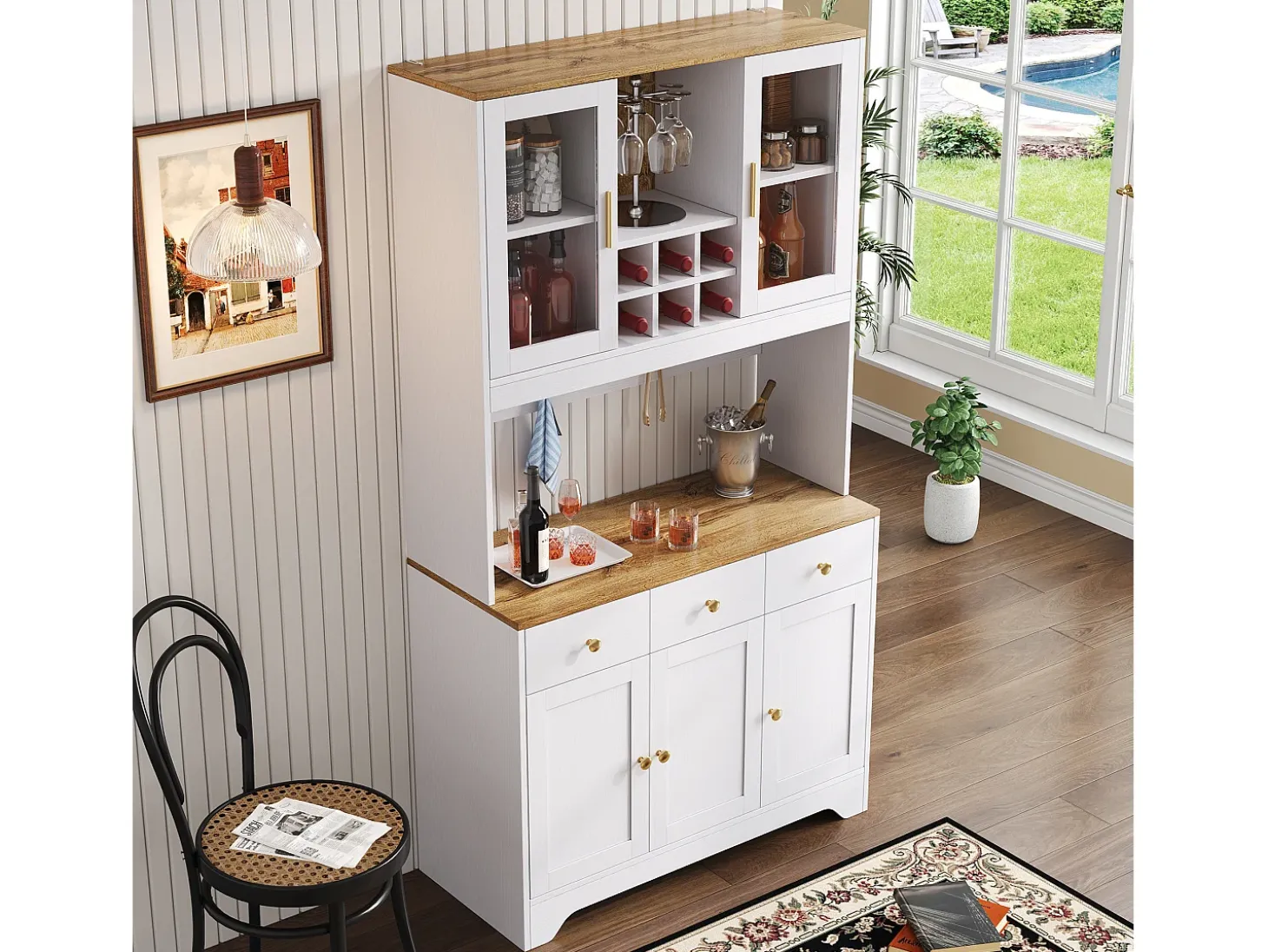 Aparador de cocina 94,5x40x175,5cm con 5 puertas, 3 cajones y nichos, tapa chapada imitación madera, cuerpo blanco