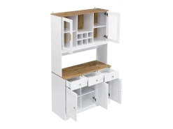 Aparador de cocina 94,5x40x175,5cm con 5 puertas, 3 cajones y nichos, tapa chapada imitación madera, cuerpo blanco