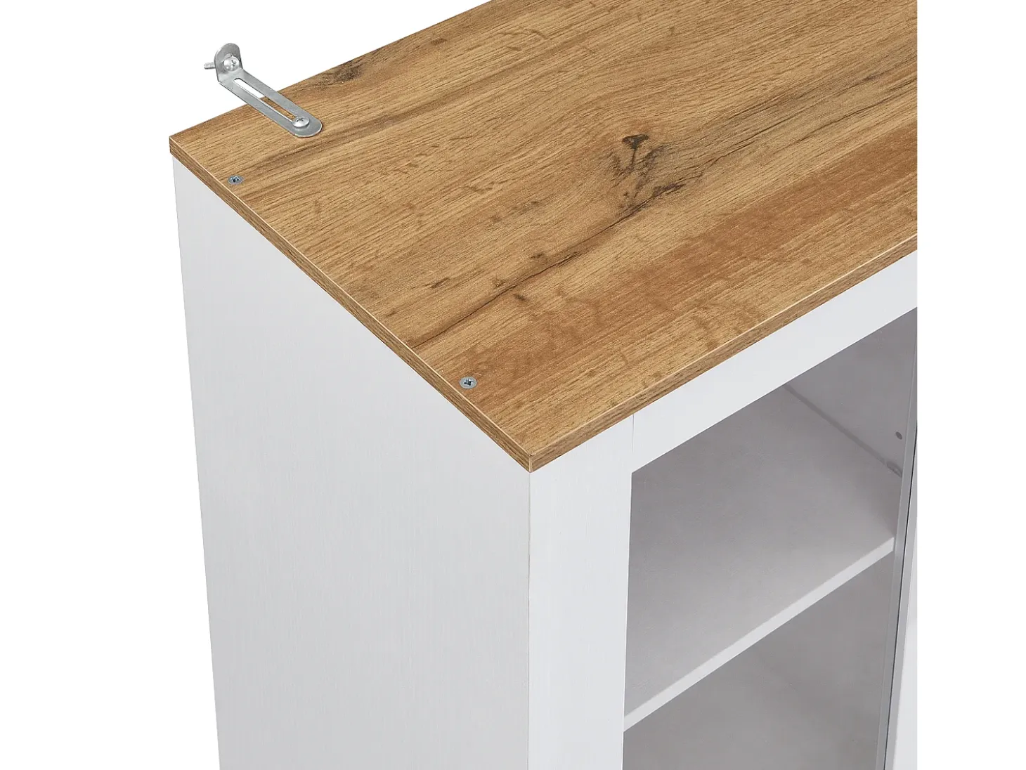 Aparador de cocina 94,5x40x175,5cm con 5 puertas, 3 cajones y nichos, tapa chapada imitación madera, cuerpo blanco