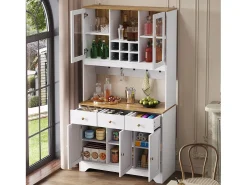 Aparador de cocina 94,5x40x175,5cm con 5 puertas, 3 cajones y nichos, tapa chapada imitación madera, cuerpo blanco