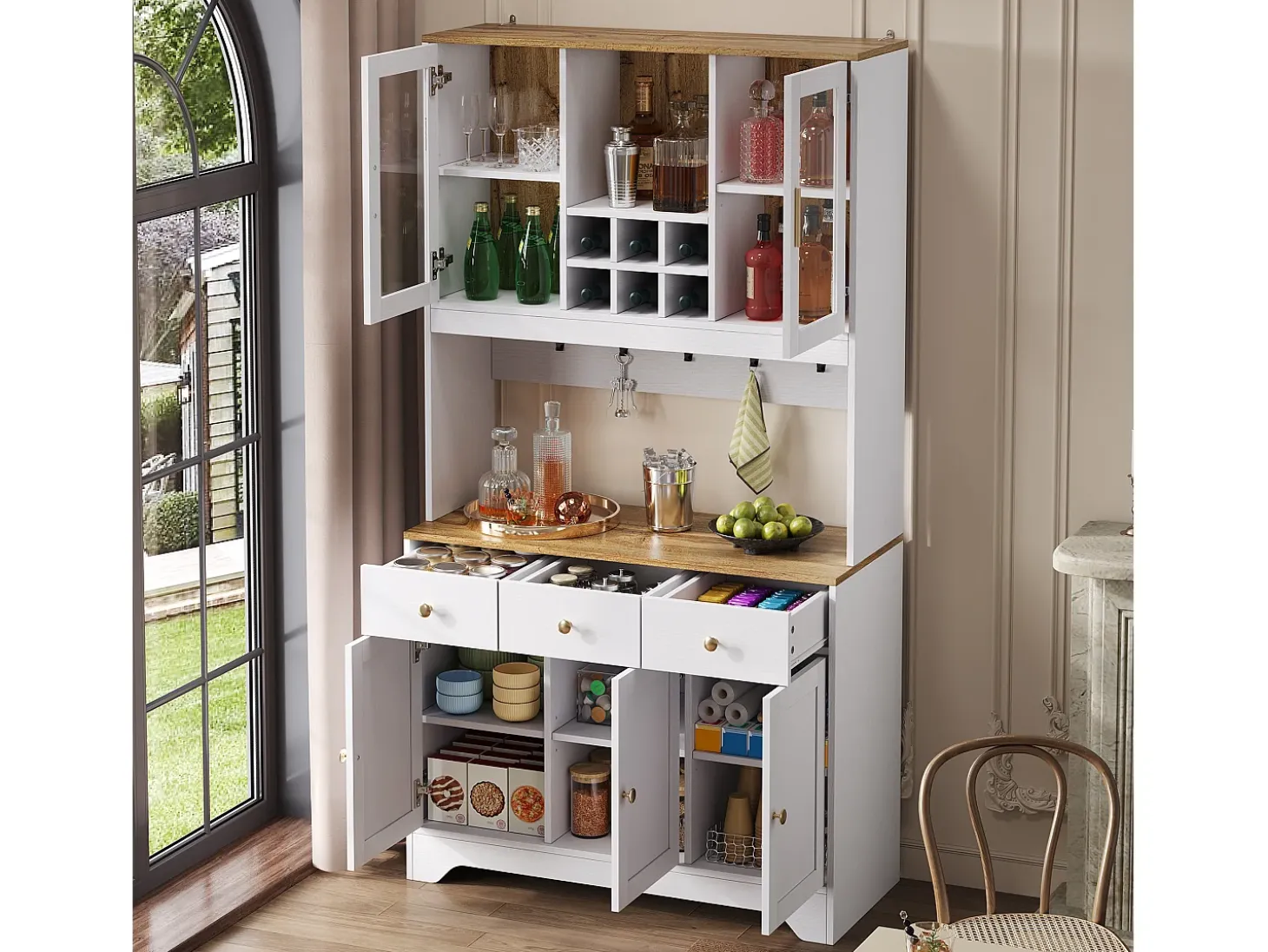Aparador de cocina 94,5x40x175,5cm con 5 puertas, 3 cajones y nichos, tapa chapada imitación madera, cuerpo blanco