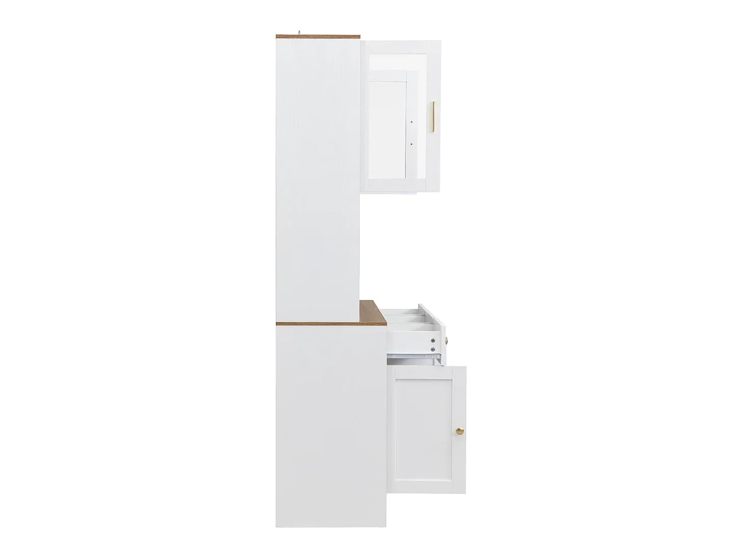 Aparador de cocina 94,5x40x175,5cm con 5 puertas, 3 cajones y nichos, tapa chapada imitación madera, cuerpo blanco