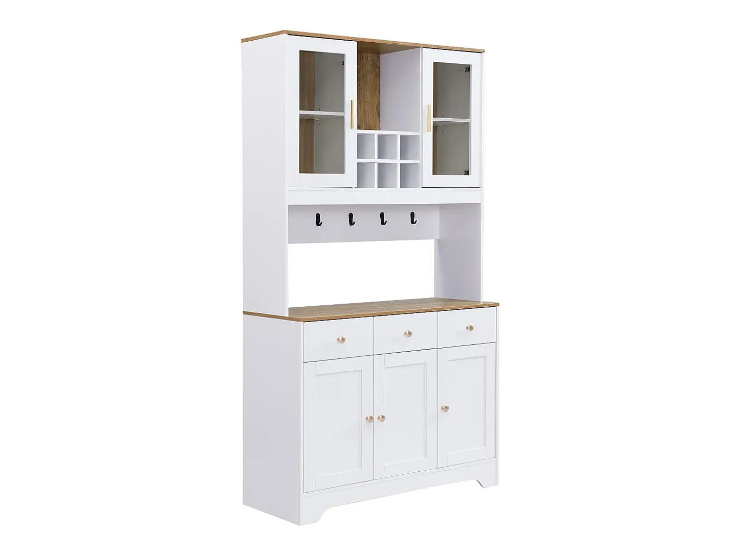 Aparador de cocina 94,5x40x175,5cm con 5 puertas, 3 cajones y nichos, tapa chapada imitación madera, cuerpo blanco