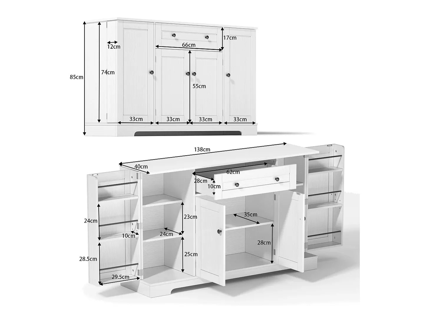 Aparador de cocina 138x40x85cm con 4 puertas y 1 cajón, cuerpo de MDF blanco