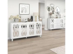 Aparador de comedor con 4 puertas de espejo - tiradores de cristal y estantes regulables - madera - blanco (160x40x84cm)