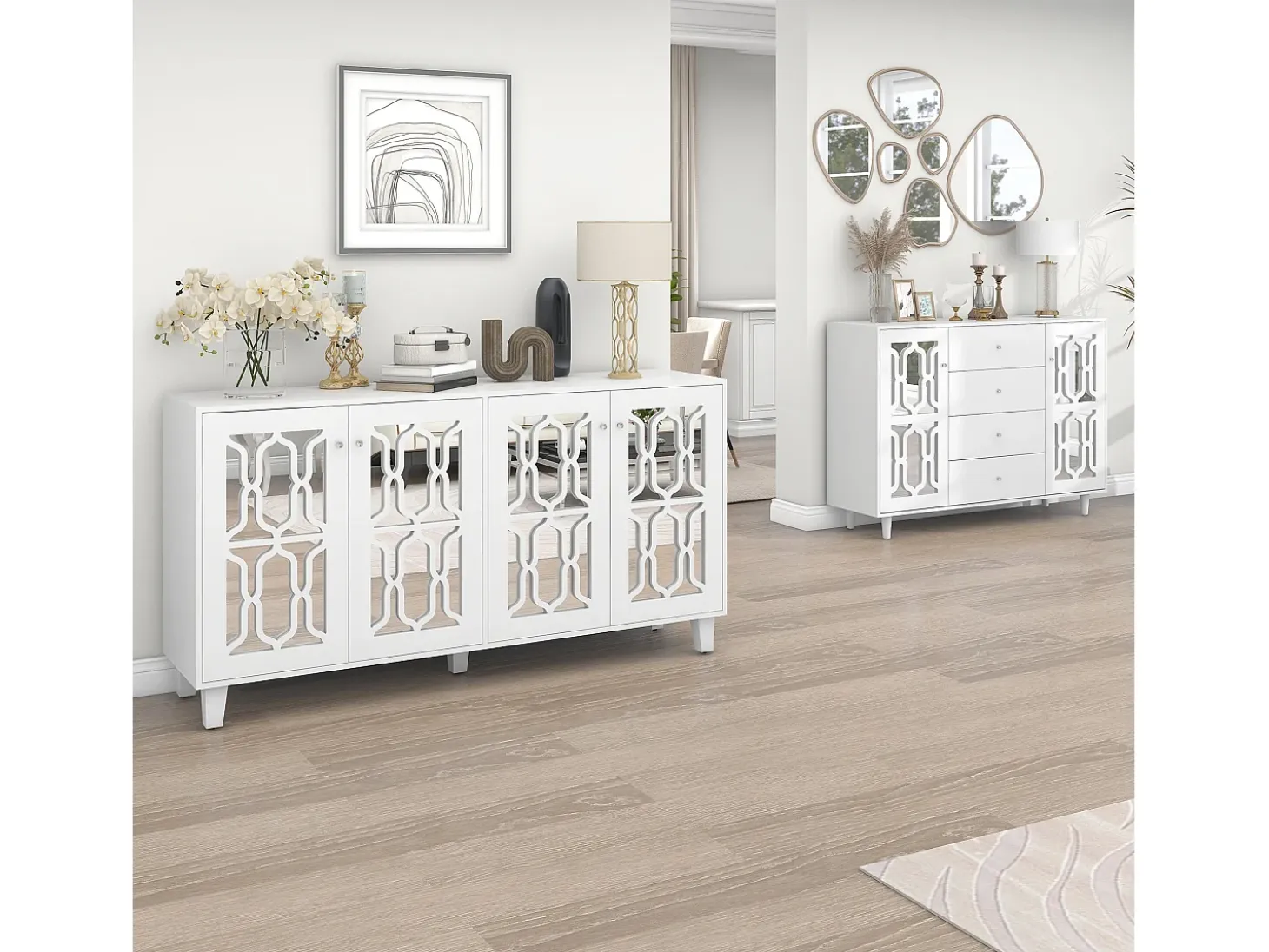 Aparador de comedor con 4 puertas de espejo - tiradores de cristal y estantes regulables - madera - blanco (160x40x84cm)
