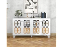 Aparador de comedor con 4 puertas de espejo - tiradores de cristal y estantes regulables - madera - blanco (160x40x84cm)