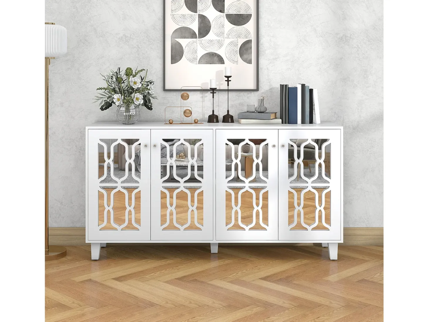 Aparador de comedor con 4 puertas de espejo - tiradores de cristal y estantes regulables - madera - blanco (160x40x84cm)
