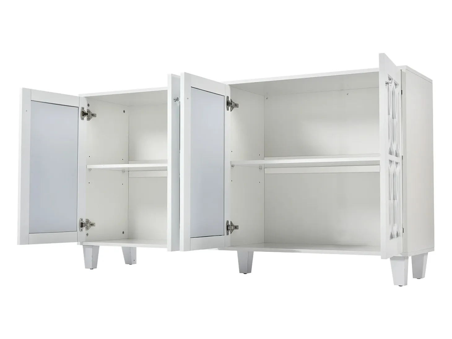 Aparador de comedor con 4 puertas de espejo - tiradores de cristal y estantes regulables - madera - blanco (160x40x84cm)
