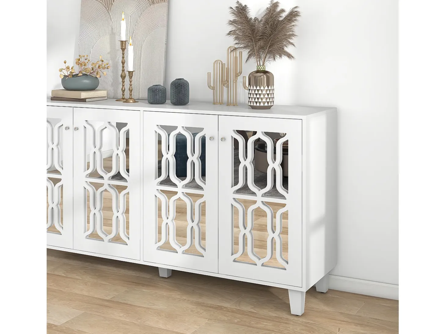 Aparador de comedor con 4 puertas de espejo - tiradores de cristal y estantes regulables - madera - blanco (160x40x84cm)