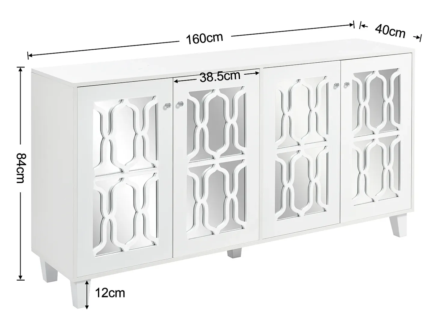 Aparador de comedor con 4 puertas de espejo - tiradores de cristal y estantes regulables - madera - blanco (160x40x84cm)