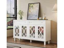 Aparador de comedor con puertas de espejo, aparador de sala de estar con 4 puertas y 2 cajones, blanco