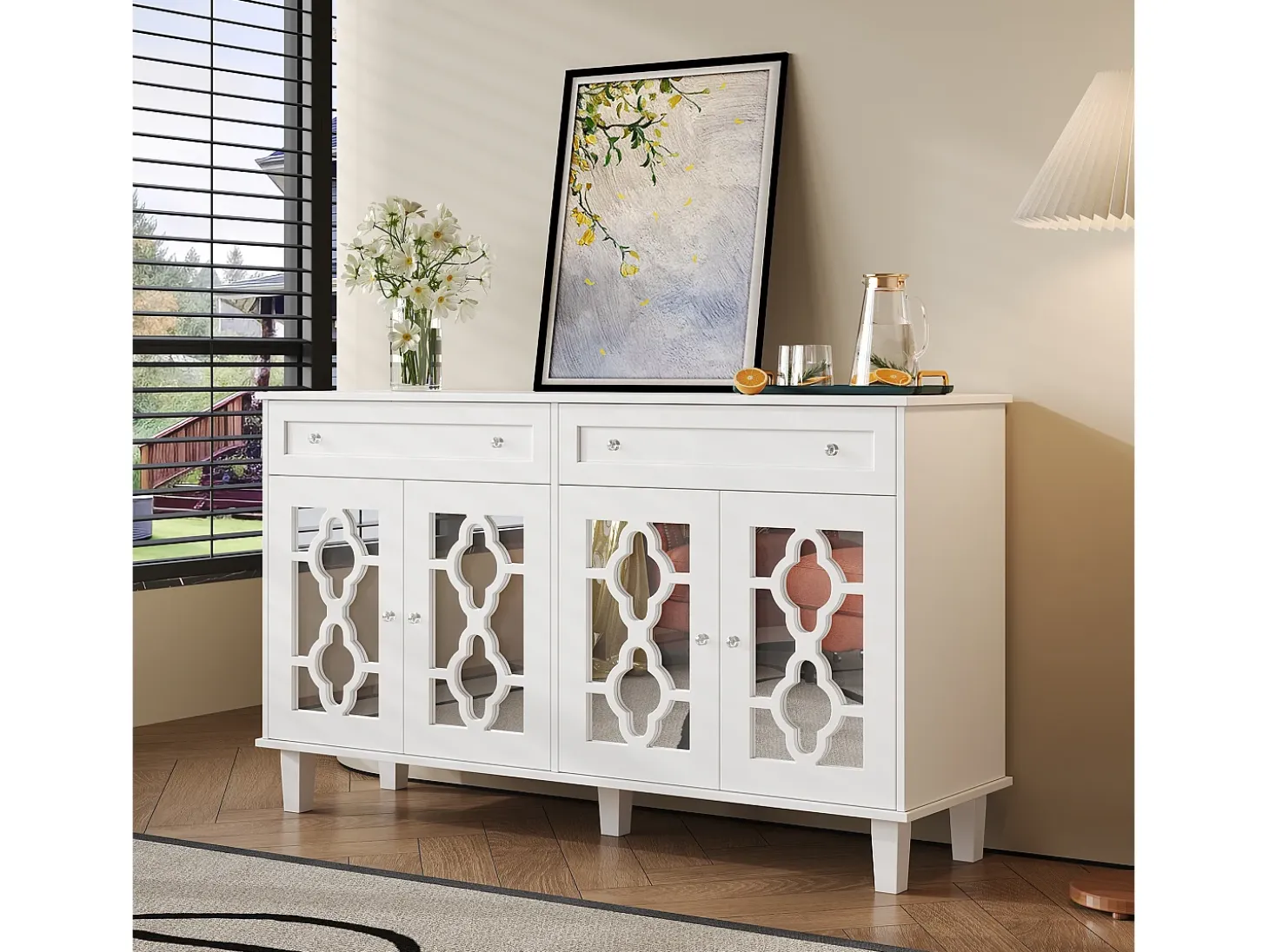 Aparador de comedor con puertas de espejo, aparador de sala de estar con 4 puertas y 2 cajones, blanco