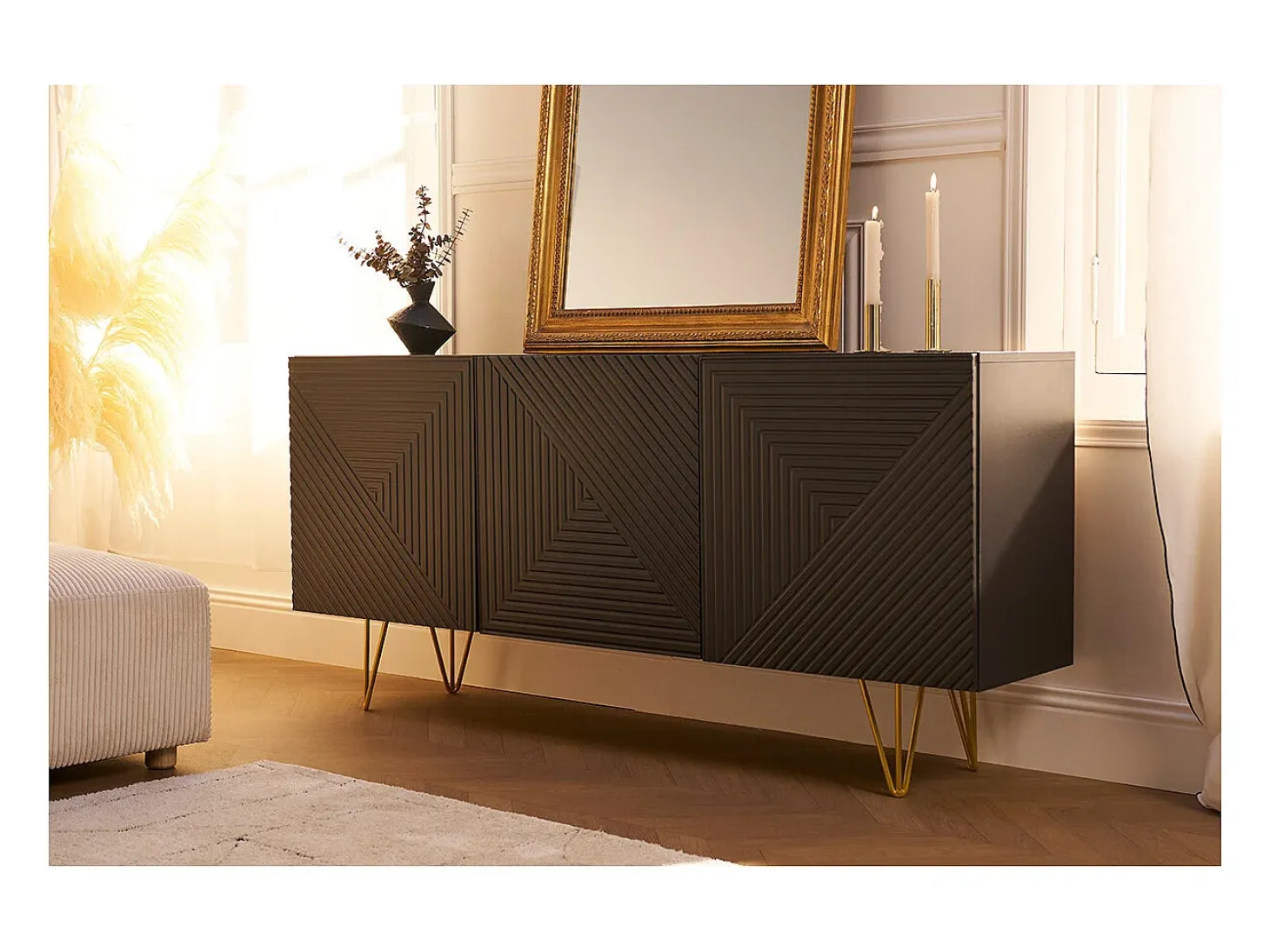 Aparador de diseño blanco y dorado 160 cm anchura OZEN