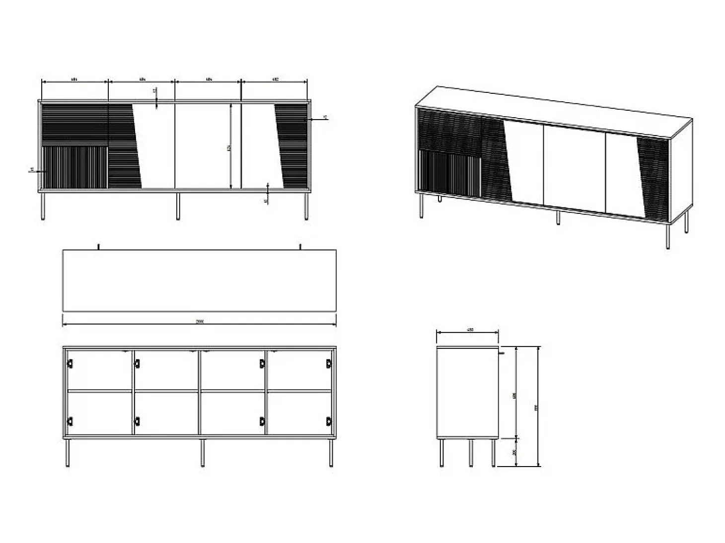 Aparador de diseño de 200 cm color cachemira con patas de metal negro Ula