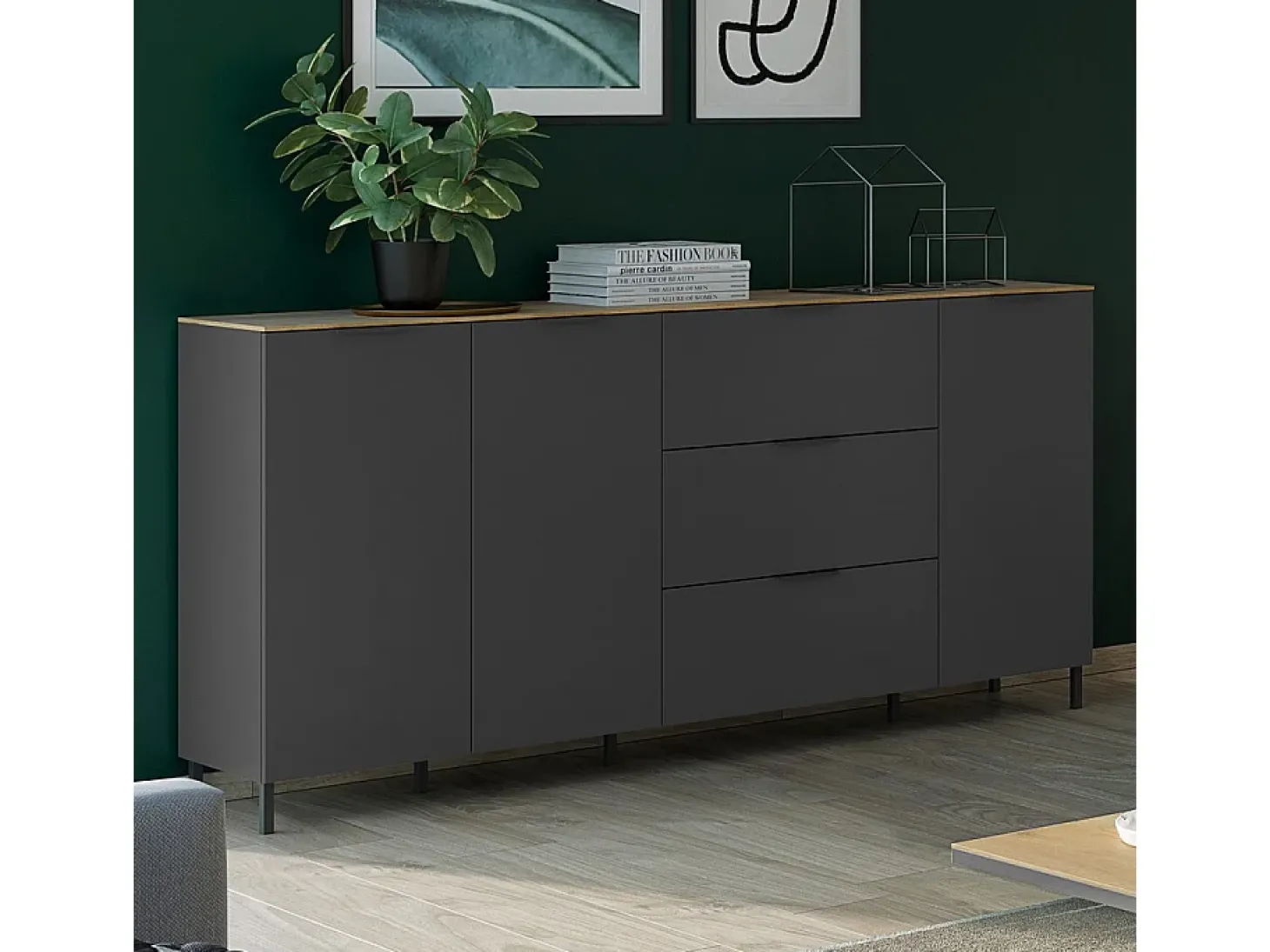 Aparador de diseño gris y madera 3 puertas 3 cajones 192cm Costal