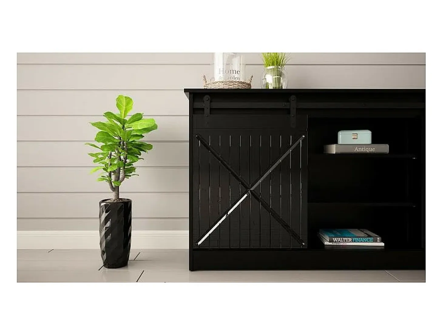 Aparador de diseño negro de 160 cm con puertas correderas Hexa