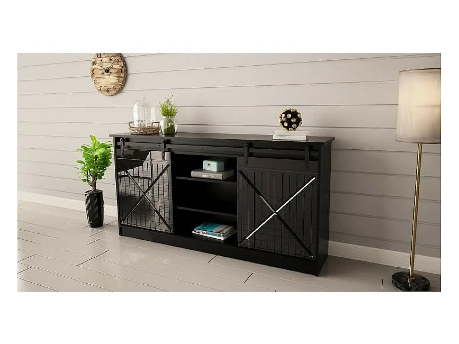 Aparador de diseño negro de 160 cm con puertas correderas Hexa