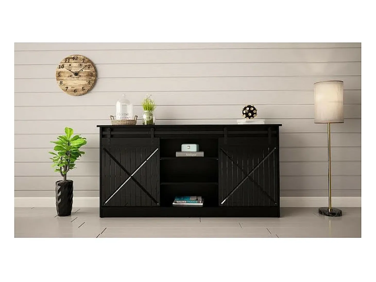 Aparador de diseño negro de 160 cm con puertas correderas Hexa