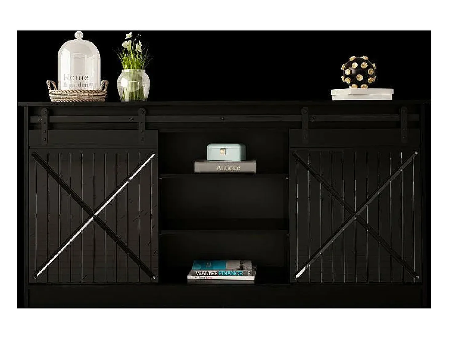 Aparador de diseño negro de 160 cm con puertas correderas Hexa