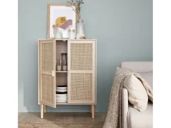 Aparador de efecto caña y madera con 2 puertas, 80cm natural