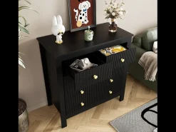 Aparador de estilo contemporáneo, cómoda con espacio de almacenamiento, tiradores dorados, negro