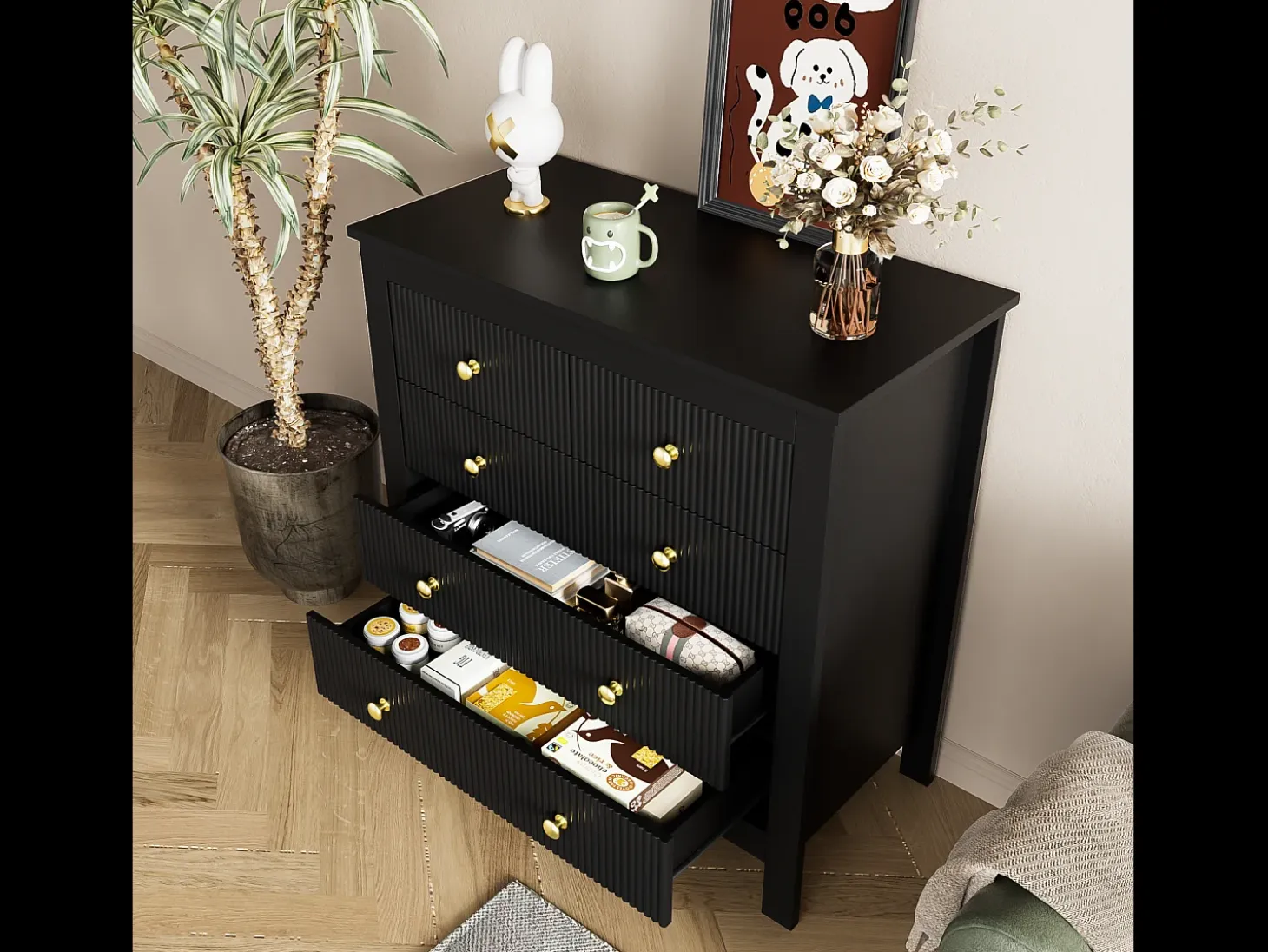 Aparador de estilo contemporáneo, cómoda con espacio de almacenamiento, tiradores dorados, negro
