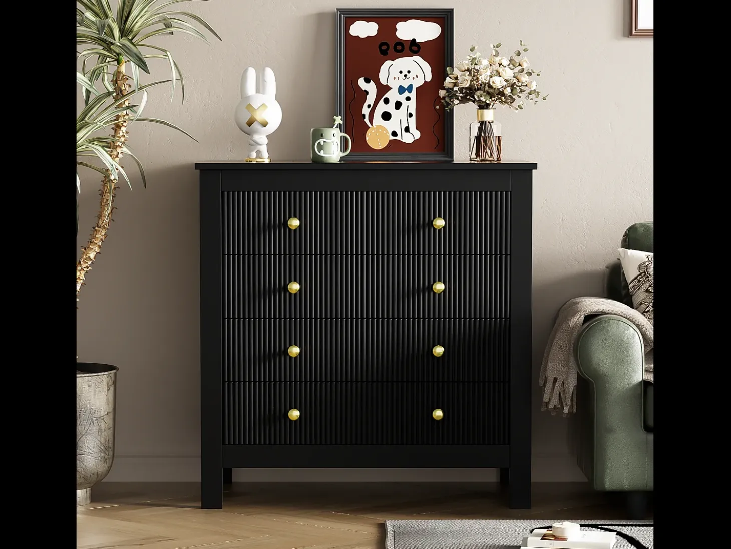 Aparador de estilo contemporáneo, cómoda con espacio de almacenamiento, tiradores dorados, negro