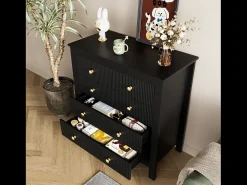 Aparador de estilo contemporáneo, cómoda con espacio de almacenamiento, con tiradores dorados, color negro