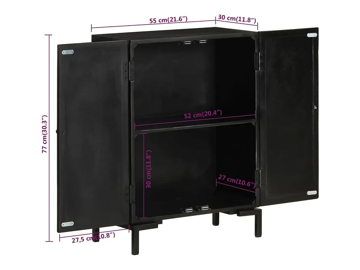 Aparador de hierro y madera maciza de mango negro 55x30x77 cm