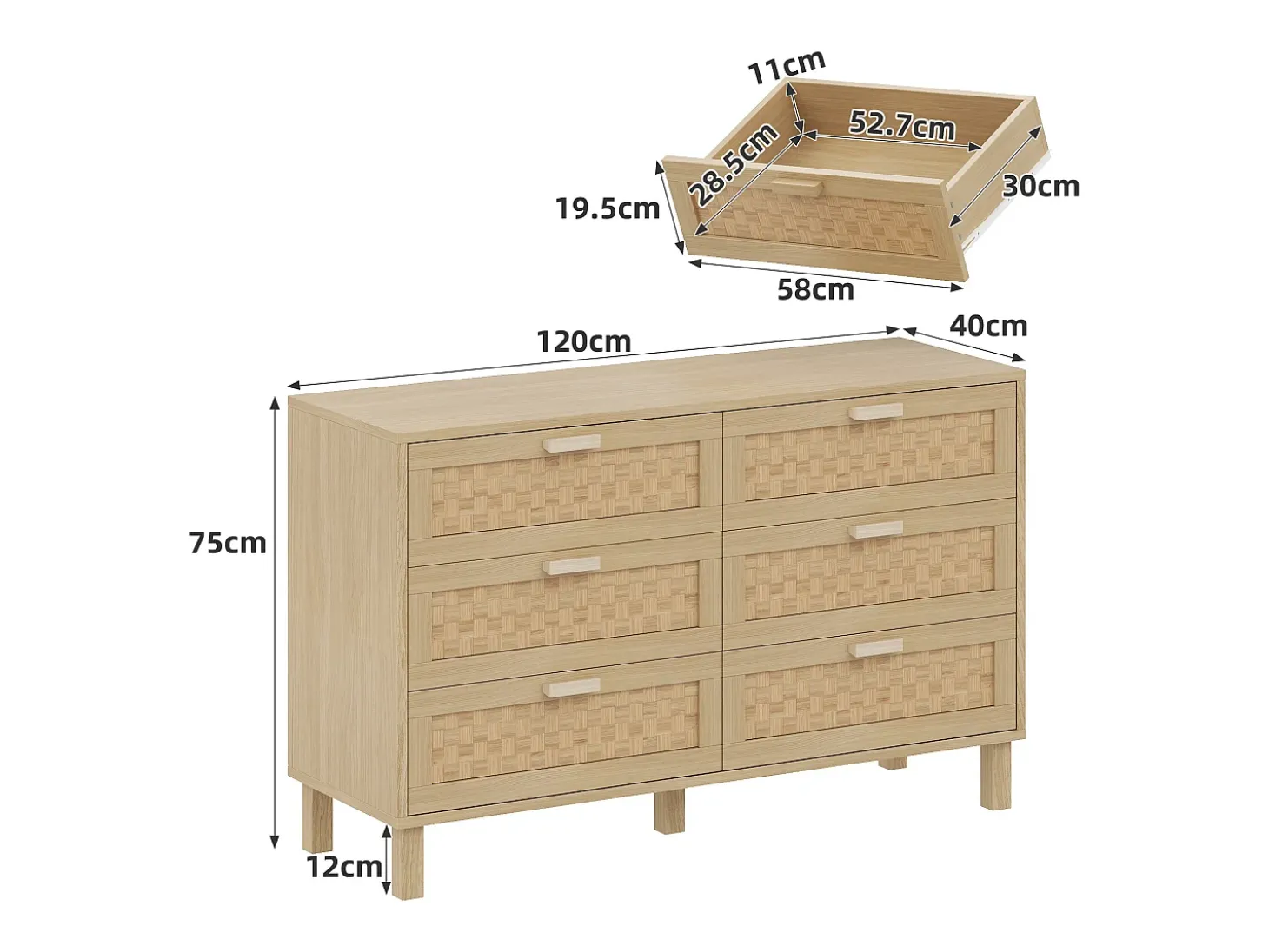Aparador de madera con 6 cajones de ratán, ideal para almacenaje en salón, dormitorio o comedor. Medidas: 120 x 75 x 40 cm.
