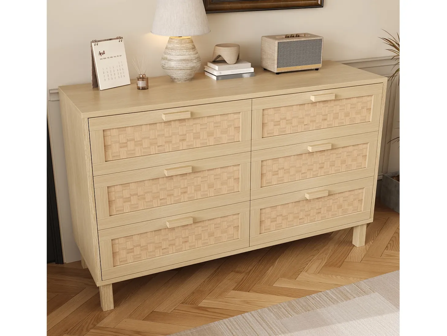 Aparador de madera con 6 cajones de ratán, ideal para almacenaje en salón, dormitorio o comedor. Medidas: 120 x 75 x 40 cm.